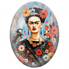 Cabochon en Verre Illustré Frida Kahlo à l’Oiseau Noir et aux Fleurs Corail pour la Création de Bijoux Fantaisie - DIY
