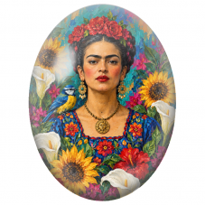 Cabochon en Verre Illustré Frida Kahlo aux Tournesols et à l’Oiseau Bleu pour la Création de Bijoux Fantaisie - DIY