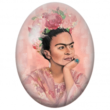 Cabochon en Verre Illustré Frida Kahlo au Portrait Rose et aux Roses pour la Création de Bijoux Fantaisie - DIY