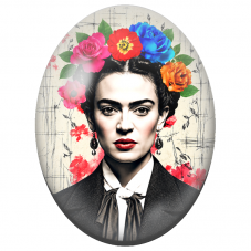 Cabochon en Verre Illustré Frida Kahlo aux Fleurs Multicolores sur Fond Graphique pour la Création de Bijoux Fantaisie - DIY