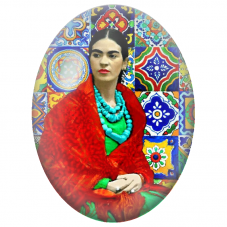Cabochon en Verre Illustré Frida Kahlo au Châle Rouge et aux Carreaux Colorés pour la Création de Bijoux Fantaisie - DIY