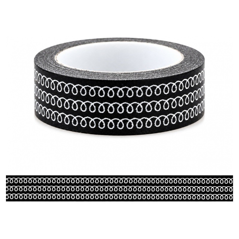 Masking Tape Washi Boucles Noir et Blanc 15mm x 10m