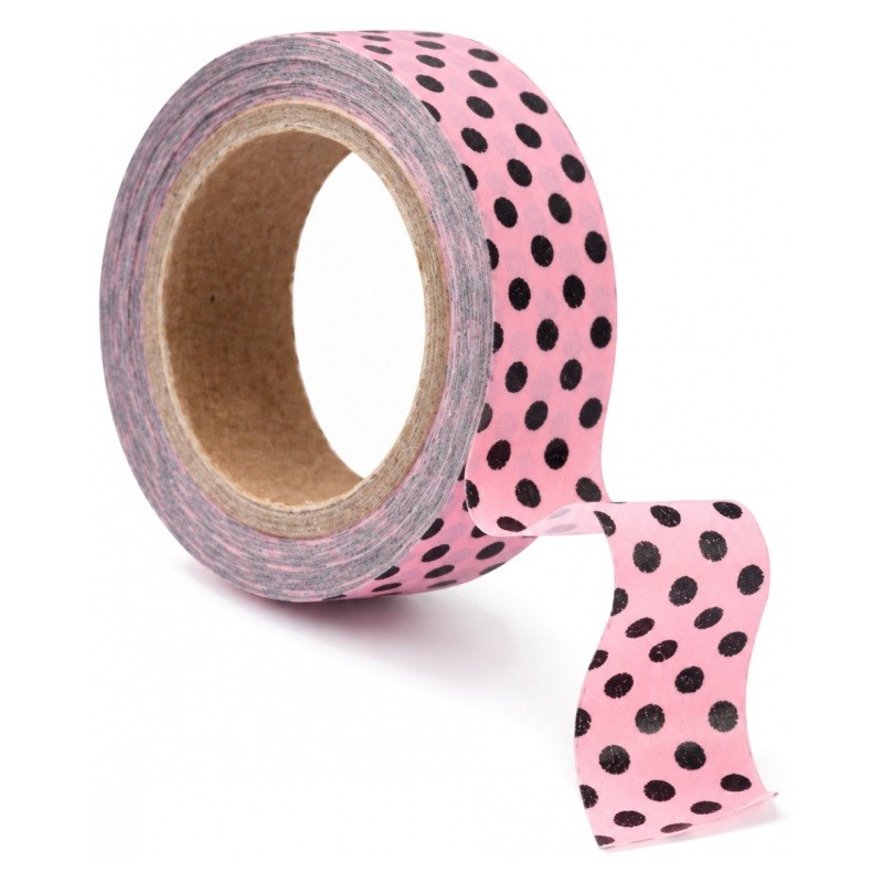 Masking Tape Washi Rose à Pois Noirs 15mm x 10m