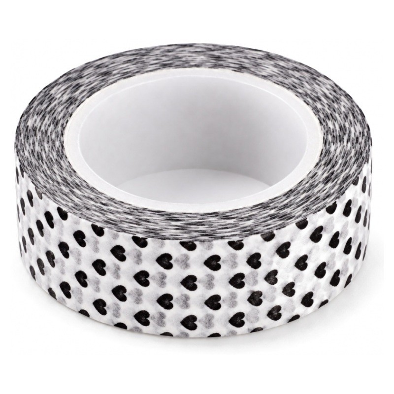Masking Tape Washi Blanc à Cœurs Noirs 15mm x 10m