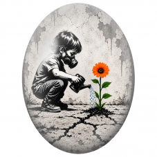 Cabochon en Verre Illustré Enfant au Masque à Gaz et Fleur Orange pour la Création de Bijoux Fantaisie - DIY