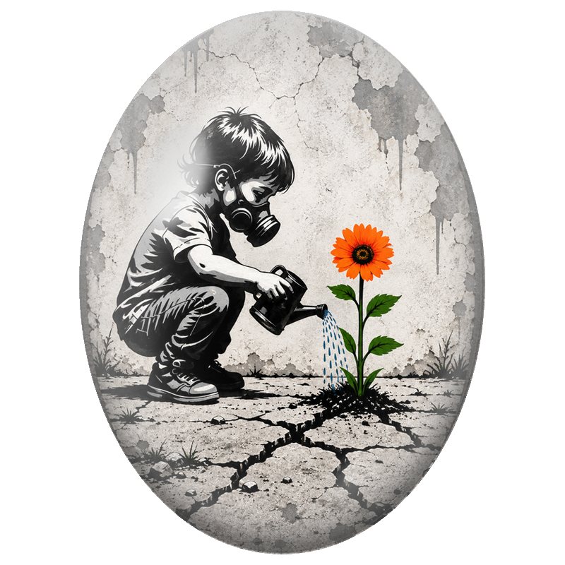 Cabochon en Verre Illustré Enfant au Masque à Gaz et Fleur Orange 13x18, 18x25 ou 30x40mm