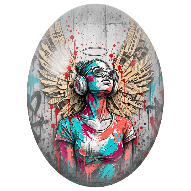 Cabochon en Verre Illustré Femme au Casque Audio et Ailes de Papier 13x18, 18x25 ou 30x40mm