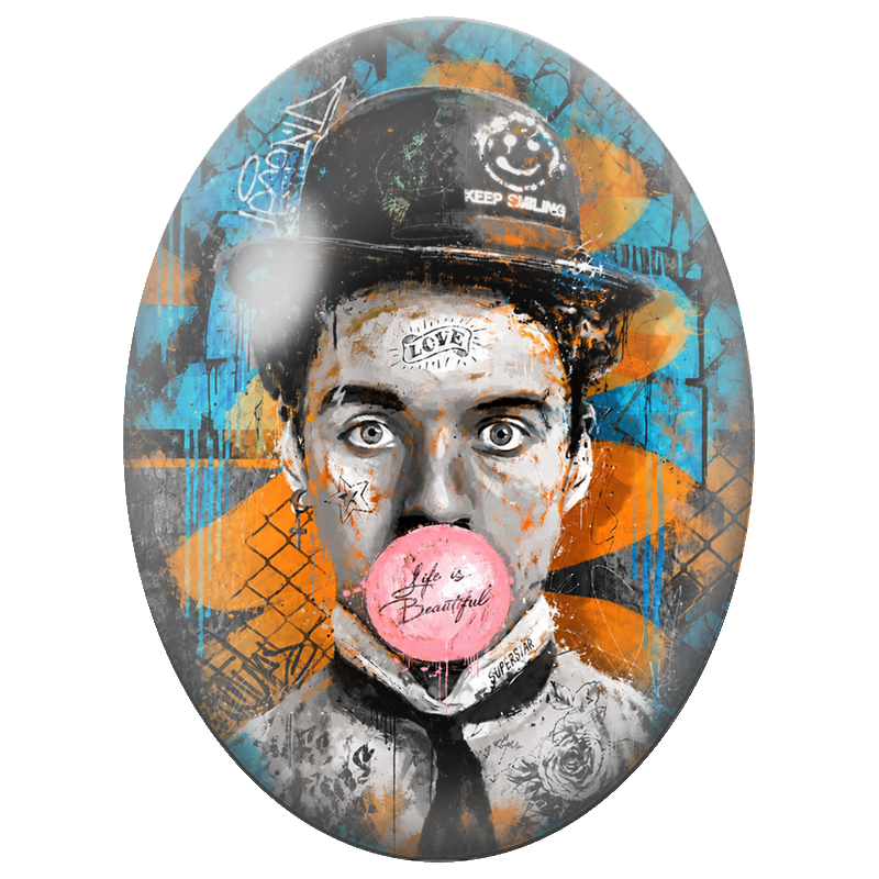 Cabochon en Verre Illustré Charlie Chaplin au Chewing-Gum Rose 13x18, 18x25 ou 30x40mm