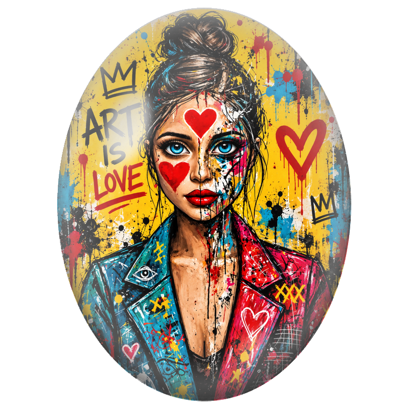 Cabochon en Verre Illustré Femme aux Cœurs Colorés 13x18, 18x25 ou 30x40mm