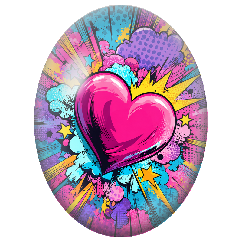 Cabochon en Verre Illustré Cœur Pop Art Éclatant 13x18, 18x25 ou 30x40mm