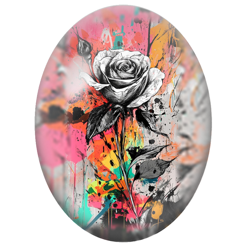 Cabochon en Verre Illustré Rose Blanche Street Art 13x18, 18x25 ou 30x40mm