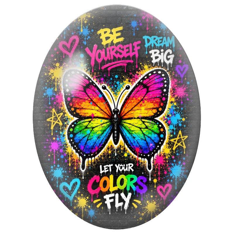 Cabochon en Verre Illustré Papillon Arc-en-Ciel Street Art 13x18, 18x25 ou 30x40mm