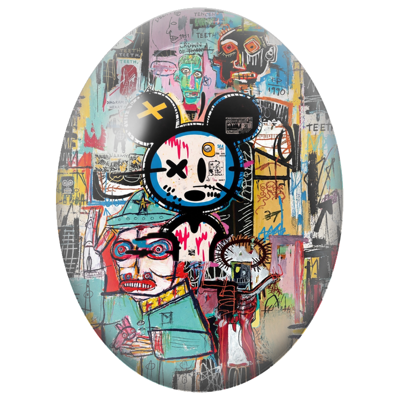 Cabochon en Verre Illustré Personnage Cartoon au Mur Coloré 13x18, 18x25 ou 30x40mm
