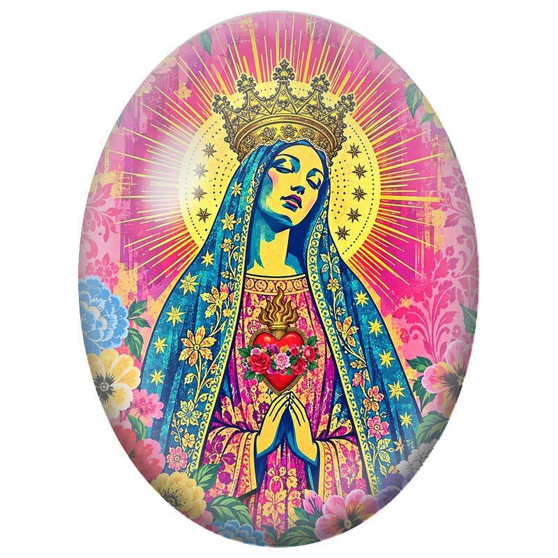 Cabochon en Verre Illustré Vierge Marie Couronnée aux Fleurs 13x18, 18x25 ou 30x40mm