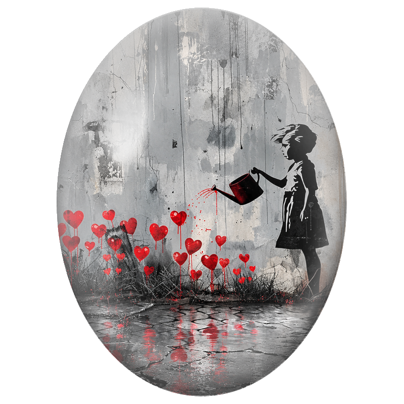 Cabochon en Verre Illustré Enfant Arrosant les Cœurs 13x18, 18x25 ou 30x40mm