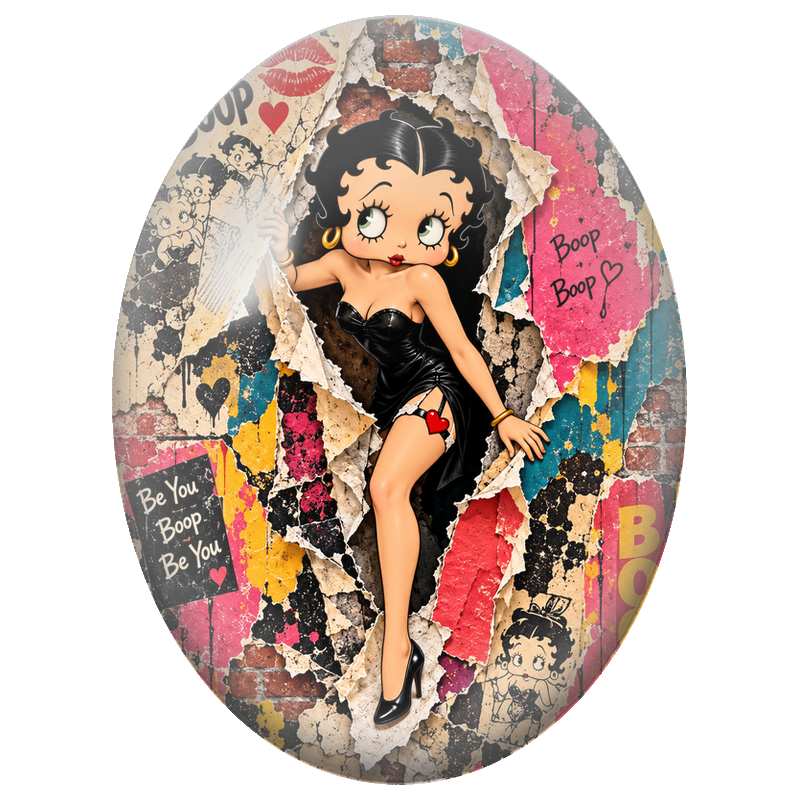Cabochon en Verre Illustré Betty Boop en Robe Noire 13x18, 18x25 ou 30x40mm