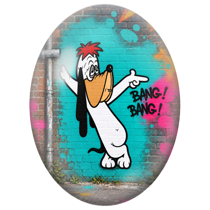 Cabochon en Verre Illustré Chien Cartoon Bang Bang Street Art 13x18, 18x25 ou 30x40mm