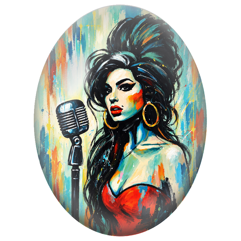Cabochon en Verre Illustré Amy Winehouse au Microphone Street Art 13x18, 18x25 ou 30x40mm