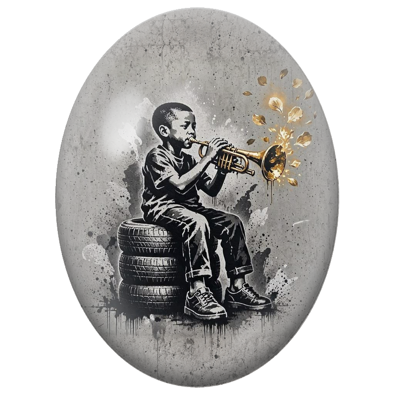 Cabochon en Verre Illustré Garçon Trompettiste Street Art 13x18, 18x25 ou 30x40mm