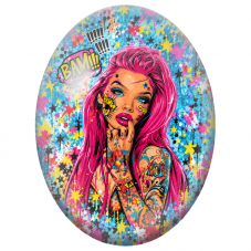 Cabochon en Verre Illustré Femme Pop Art aux Cheveux Roses pour la Création de Bijoux Fantaisie - DIY