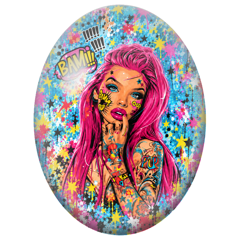Cabochon en Verre Illustré Femme Pop Art aux Cheveux Roses 13x18, 18x25 ou 30x40mm