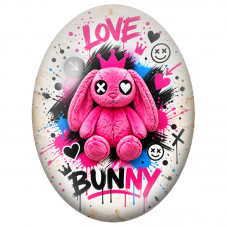 Cabochon en Verre Illustré Lapin Rose Love Bunny Street Art pour la Création de Bijoux Fantaisie - DIY