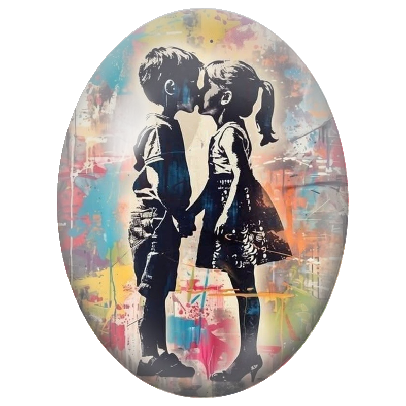Cabochon en Verre Illustré Enfants S’Embrassant Street Art 13x18, 18x25 ou 30x40mm