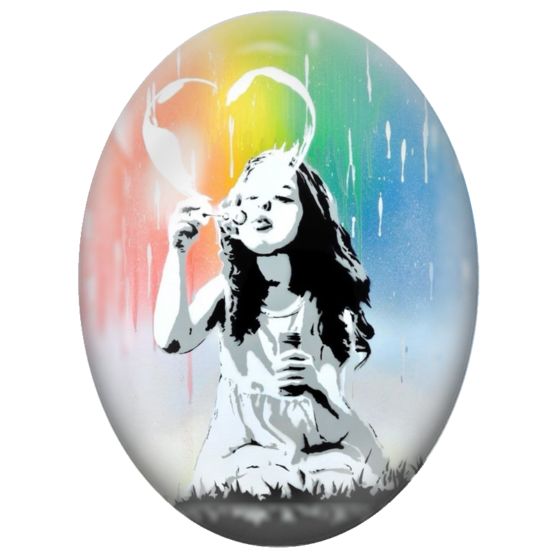 Cabochon en Verre Illustré Fillette Soufflant des Cœurs Street Art 13x18, 18x25 ou 30x40mm