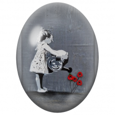 Cabochon en Verre Illustré Fillette Arrosant des Coquelicots pour la Création de Bijoux Fantaisie - DIY