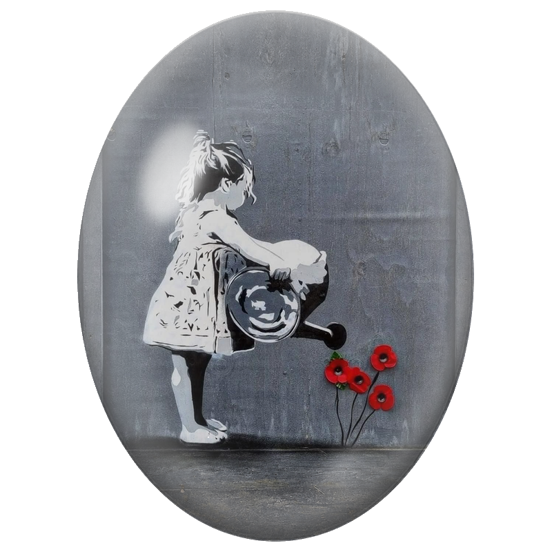 Cabochon en Verre Illustré Fillette Arrosant des Coquelicots 13x18, 18x25 ou 30x40mm