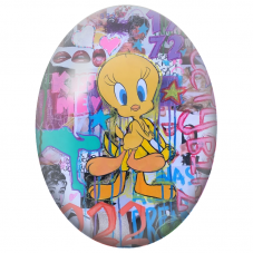 Cabochon en Verre Illustré Titi Pop Art sur Collage Urbain pour la Création de Bijoux Fantaisie - DIY