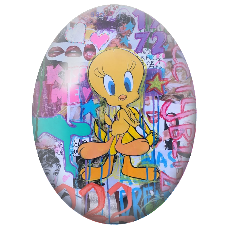 Cabochon en Verre Illustré Titi Pop Art sur Collage Urbain 13x18, 18x25 ou 30x40mm