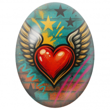 Cabochon en Verre Illustré Cœur Rouge Ailé Street Art pour la Création de Bijoux Fantaisie - DIY