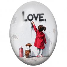 Cabochon en Verre Illustré Fillette Peignant Love avec son Chien pour la Création de Bijoux Fantaisie - DIY