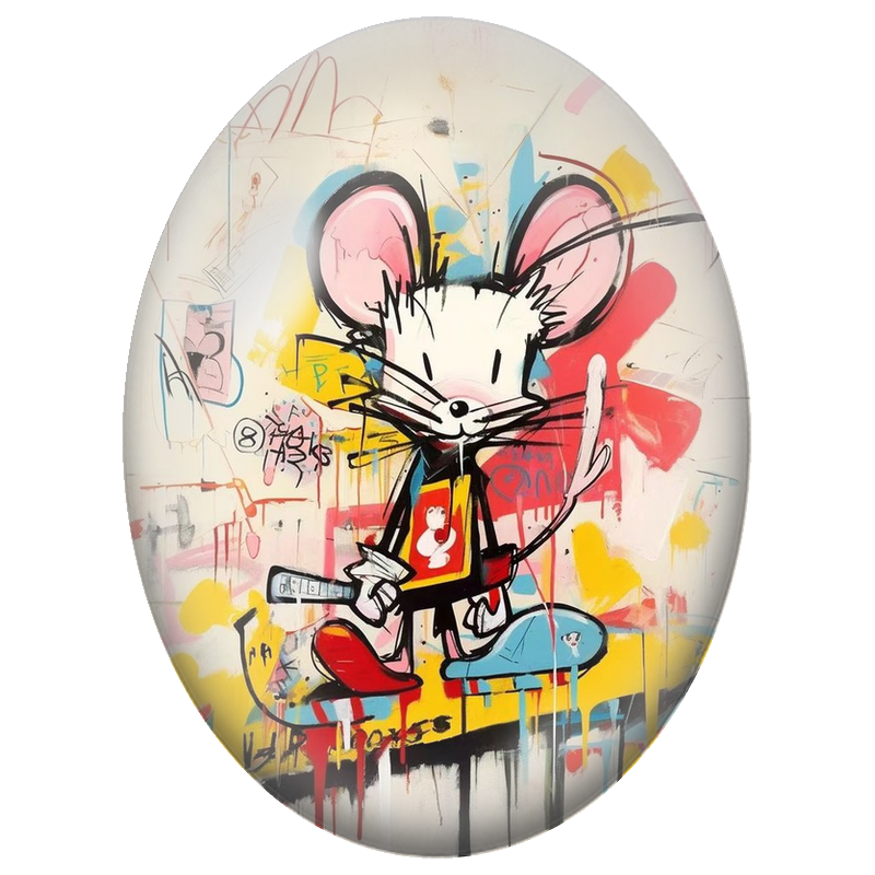 Cabochon en Verre Illustré Souris au Skateboard Street Art 13x18, 18x25 ou 30x40mm