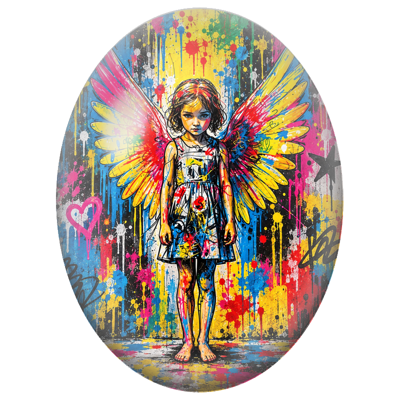 Cabochon en Verre Illustré Fillette Ange aux Ailes Multicolores 13x18, 18x25 ou 30x40mm