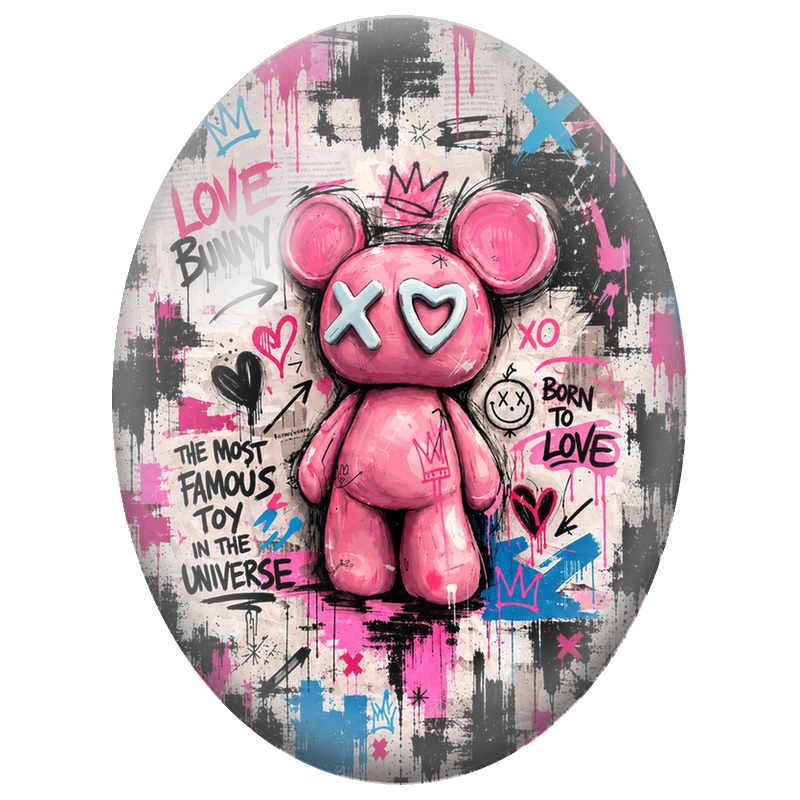 Cabochon en Verre Illustré Ourson Rose Love Bunny Street Art 13x18, 18x25 ou 30x40mm