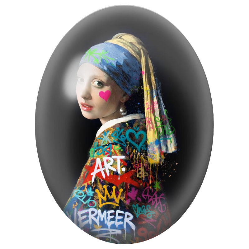 Cabochon en Verre Illustré La Jeune Fille à la Perle Street Art 13x18, 18x25 ou 30x40mm