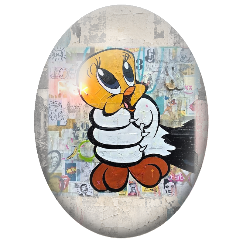 Cabochon en Verre Illustré Titi Street Art sur Mur de Collages 13x18, 18x25 ou 30x40mm
