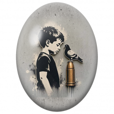 Cabochon en Verre Illustré Garçon et Pigeon sur Projectile Doré pour la Création de Bijoux Fantaisie - DIY