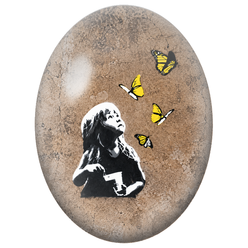 Cabochon en Verre Illustré Fillette Observant des Papillons Jaunes 13x18, 18x25 ou 30x40mm