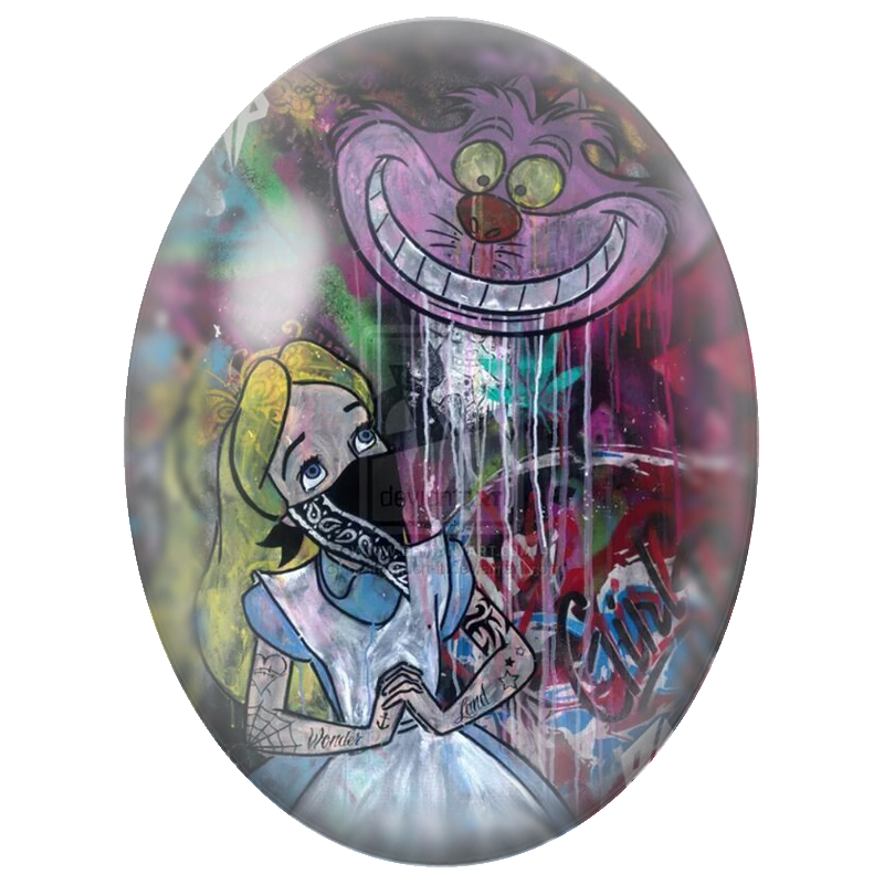 Cabochon en Verre Illustré Alice et Chat du Cheshire Street Art 13x18, 18x25 ou 30x40mm