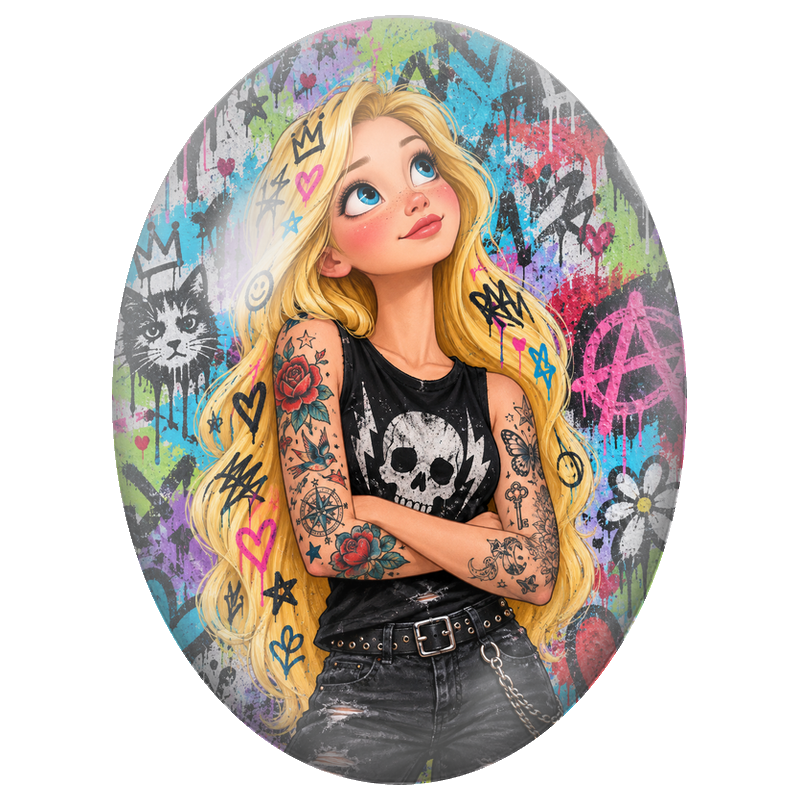 Cabochon en Verre Illustré Princesse Blonde Rebelle et Tatouée 13x18, 18x25 ou 30x40mm
