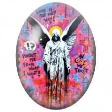 Cabochon en Verre Illustré Ange Street Art sur Fond Rose pour la Création de Bijoux Fantaisie - DIY