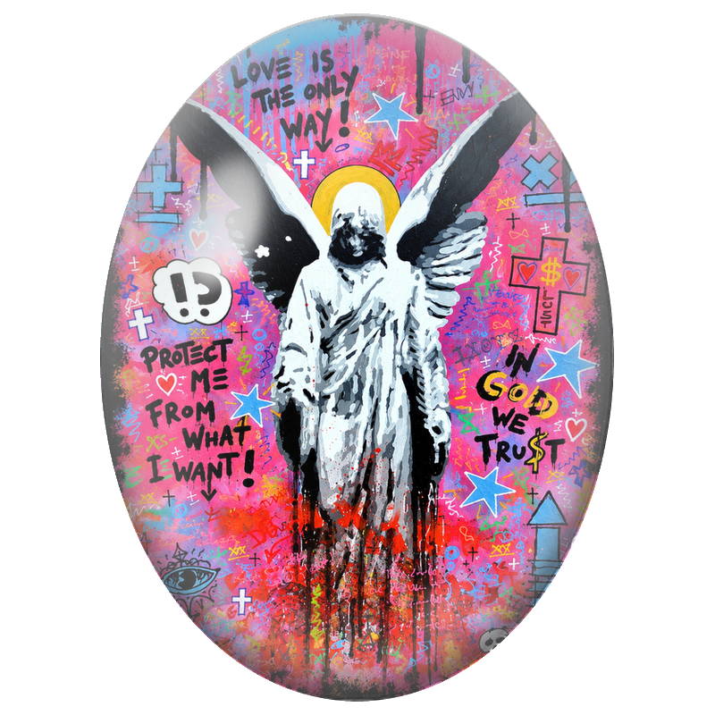 Cabochon en Verre Illustré Ange Street Art sur Fond Rose 13x18, 18x25 ou 30x40mm