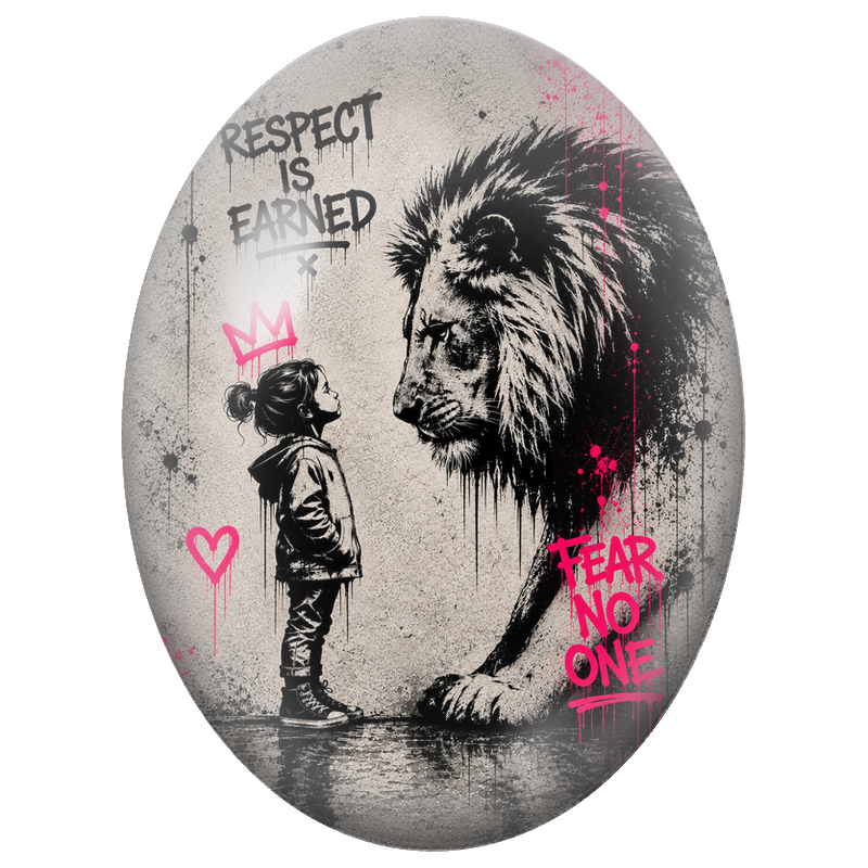 Cabochon en Verre Illustré Fillette face au Lion Fear No One 13x18, 18x25 ou 30x40mm
