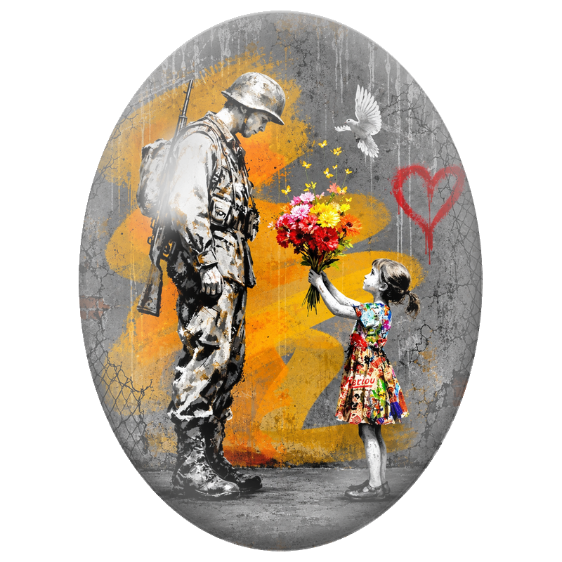 Cabochon en Verre Illustré Fillette Offrant des Fleurs au Soldat 13x18, 18x25 ou 30x40mm