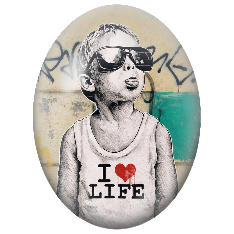 Cabochon en Verre Illustré Garçon I Love Life Street Art 13x18, 18x25 ou 30x40mm