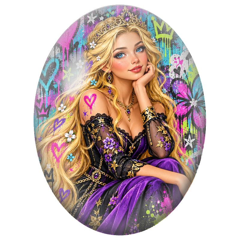 Cabochon en Verre Illustré Princesse Blonde aux Fleurs Violettes 13x18, 18x25 ou 30x40mm