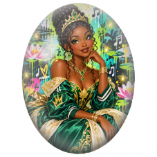 Cabochon en Verre Illustré Princesse Noire en Robe Verte pour la Création de Bijoux Fantaisie - DIY
